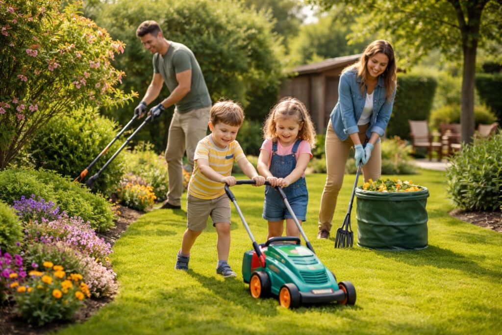 Entretenir le jardin en famille avec outils Fiskars et tondeuse Bosch pour enfants curieux