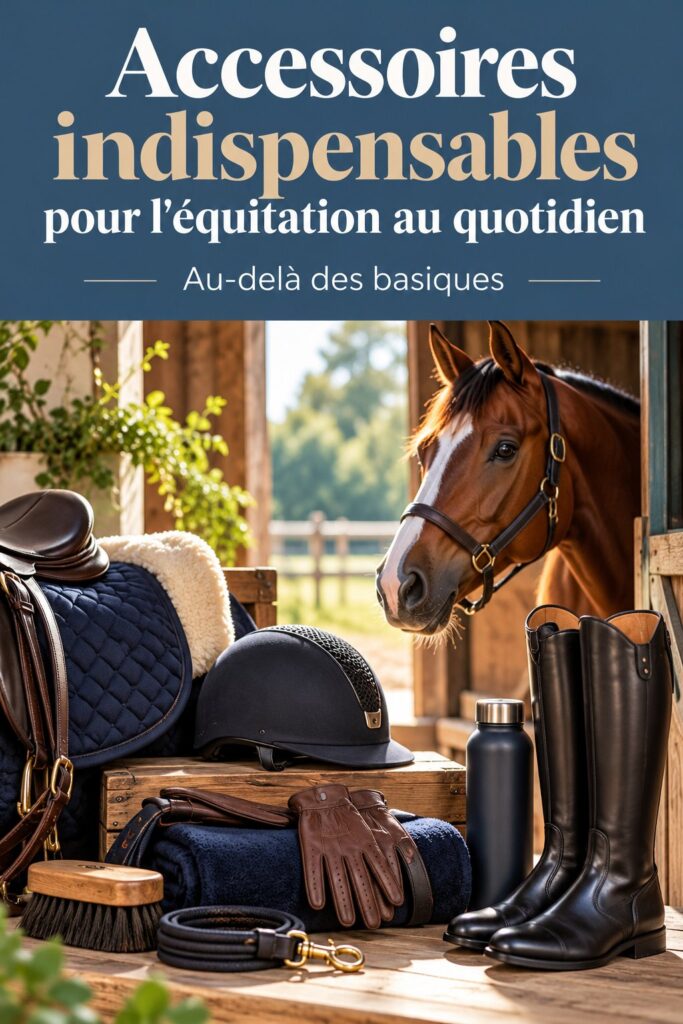 Accessoires d'équitation présentés avec un cheval en arrière-plan