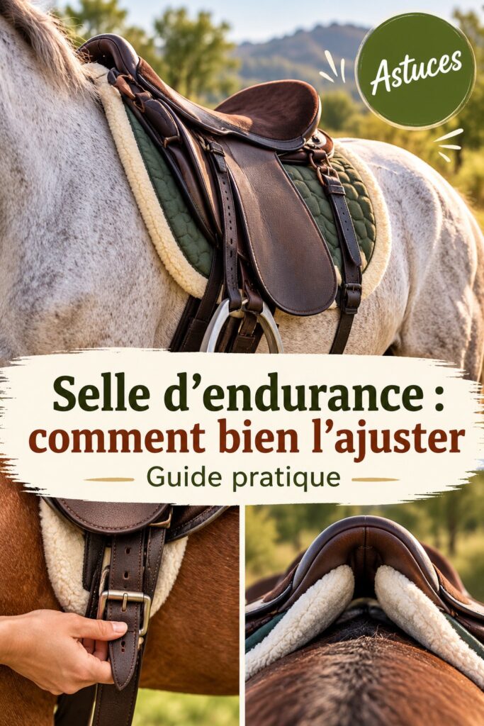 Cavalier ajustant une selle d'endurance sur son cheval en nature.