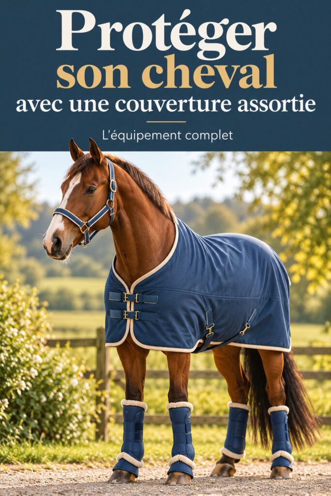 Un cheval protégé avec une couverture assortie et des accessoires coordonnés dans un environnement naturel.