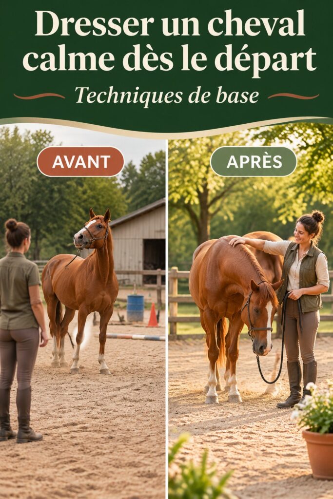 Un cheval calme dans un paddock serein avec son cavalier