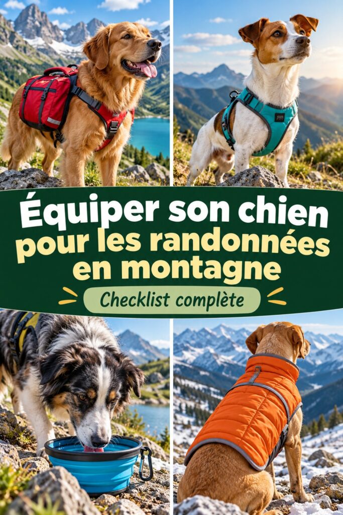Un chien équipé pour la randonnée en montagne, portant un harnais et un sac à dos.