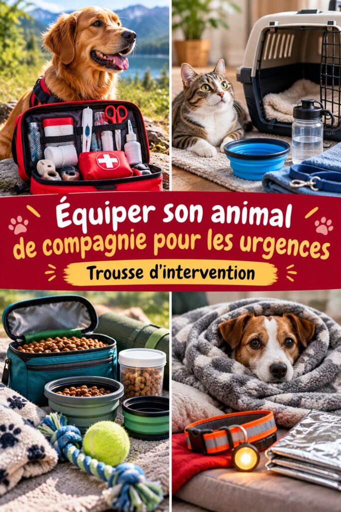 Un kit d'urgence bien équipé pour les animaux de compagnie, comprenant des soins de santé et des éléments de sécurité.